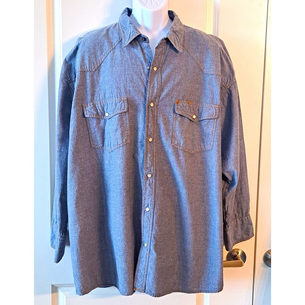 Key Men's 3XL Big & Tall Blue Cotton Long Sleeve Snap Button-Up Shirt Pockets